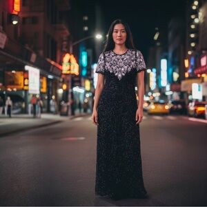 Laurence Kazar 100% Pure Silk Wear Beaded & Sequin Black Gown